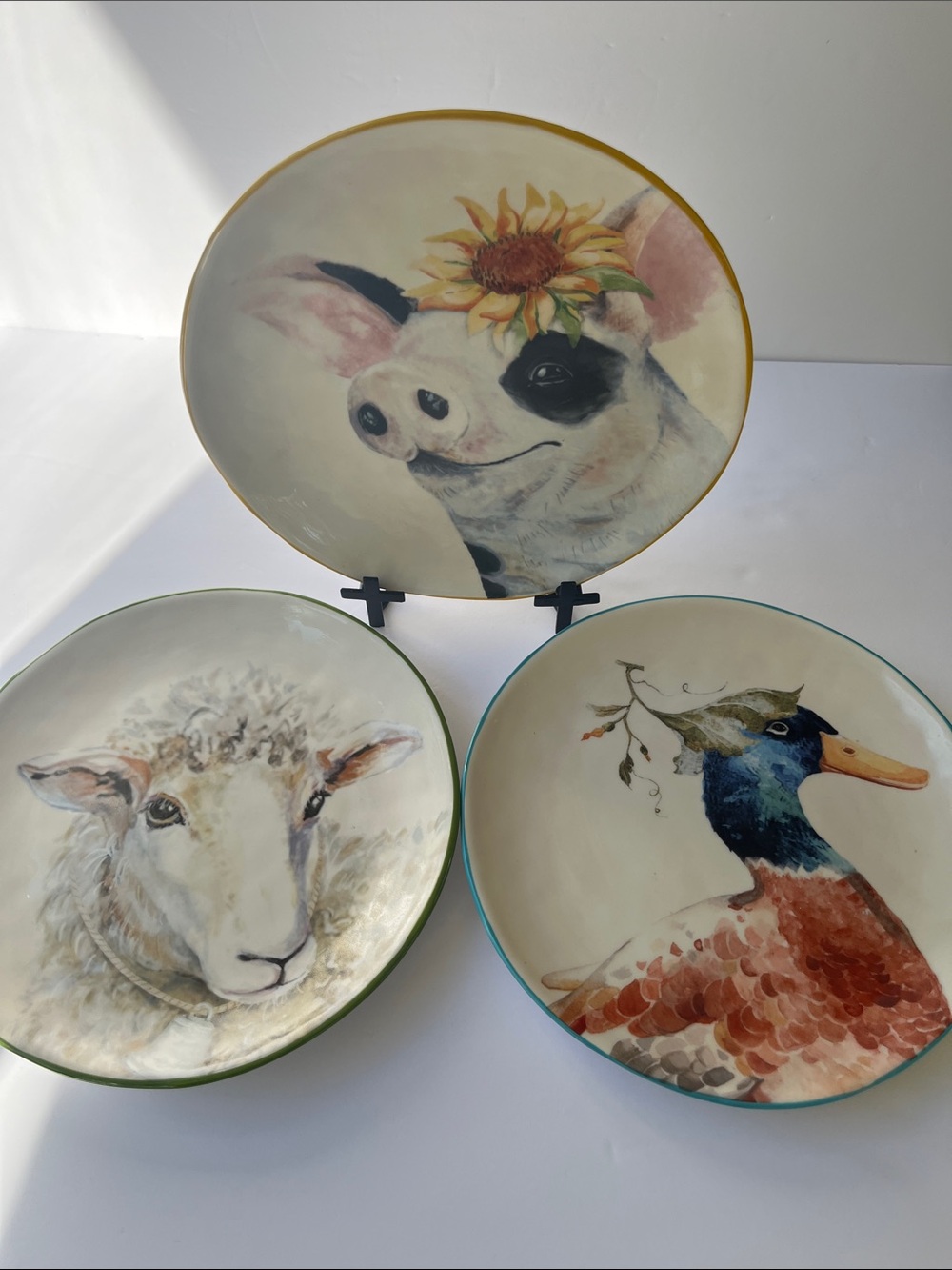 Pier 1 Imports 3 "Farm Animals" salad appetizer plate hand-painted stoneware.